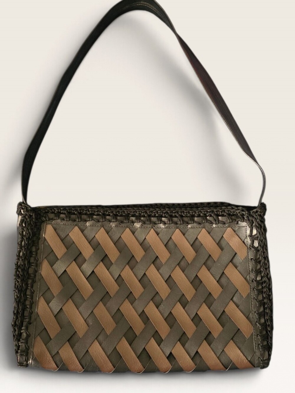 Walborg Handmade Woven Leather Chevron Baguette Shoulder Bag Earth Tone, Vintage